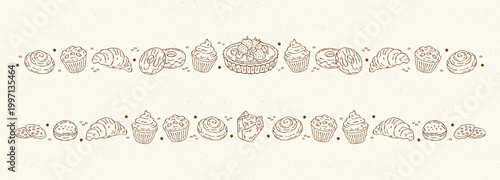 Bakery border set in line art doodle style featuring sweet pastries including pie, muffins, cupcakes, croissants, cinnamon rolls, donuts and buns in monochrome outline vector