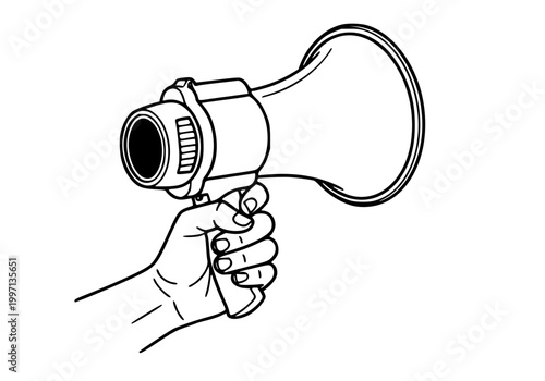 Hand holding megaphone line art, vintage bullhorn vector illustration, protest announcement sketch