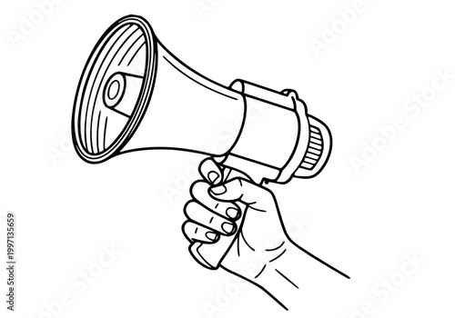 Bild auf Leinwand Hand holding megaphone line art, vintage bullhorn vector illustration, protest o