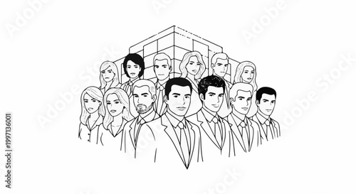 A diverse group of professionals stands in front of an abstract building structure