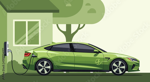 Green electric car charging at home next to a modern house