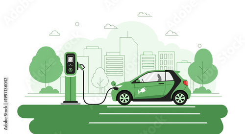 Green electric car charging at urban station, eco-friendly transport in city, sustainable future concept