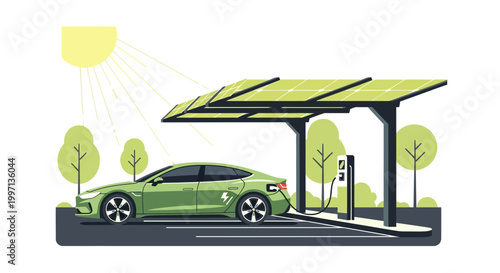 Green electric car charging at solar-powered station, sustainable energy concept