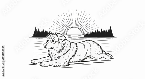 A dog lies in front of a sunburst over a forest and water scene