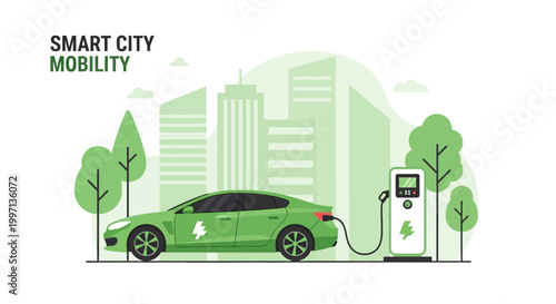 Green electric car charging in a smart city with modern buildings and trees