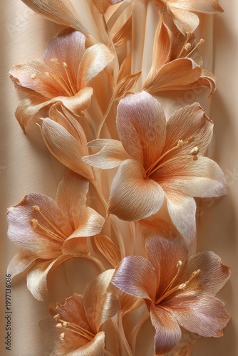 Vertical cascade of golden lily flowers. Soft peach silk background. Luxurious 3D sculptural relief