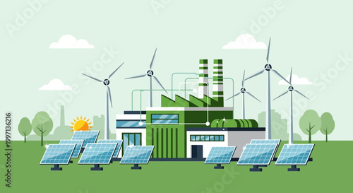 Green energy factory with solar panels and wind turbines, sustainable power generation concept