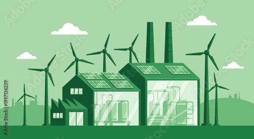Green energy factory with wind turbines and solar panels, sustainable industry concept