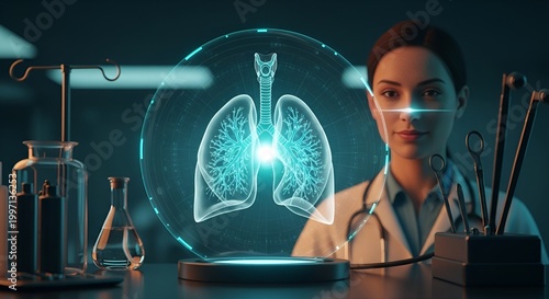 A doctor on Asthma Day looks at a glowing lung model in a lab with medical tools and equipment nearby, examining health.