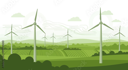 Green energy wind turbines in a rural landscape with fields and hills