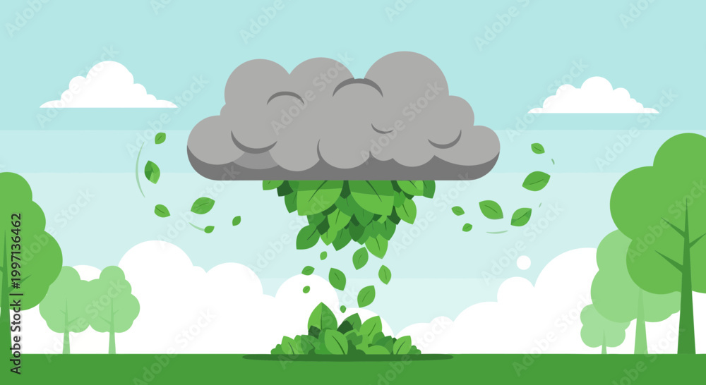 Fototapeta premium Green leaves falling from a cloud, symbolizing nature's bounty and growth