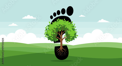 Green Footprint with Tree and Roots Growing from Earth, Environmental Concept