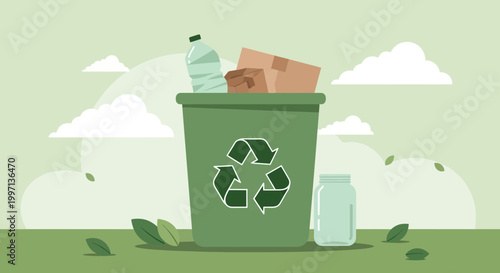 Green recycling bin filled with plastic bottle, cardboard box, and glass jar, eco-friendly concept