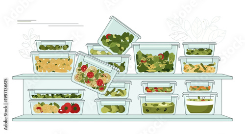 Healthy Meal Prep Containers with Fresh Food Stored on Shelves