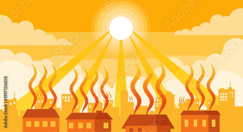 Heatwave in City: Sun's Rays Overheating Buildings, Smog and Pollution