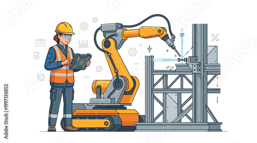 Female engineer worker overseeing automated industrial robot arm in manufacturing facility showcasing modern technology and diverse workforce