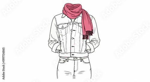 A fashion illustration of a headless person in denim and pink scarf