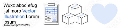 Business analytics, supply chain, tracking, warehouse logistics, e-commerce, customer service. Chart on clipboard, stacked boxes and heart symbol. Business analytics and supply chain concept