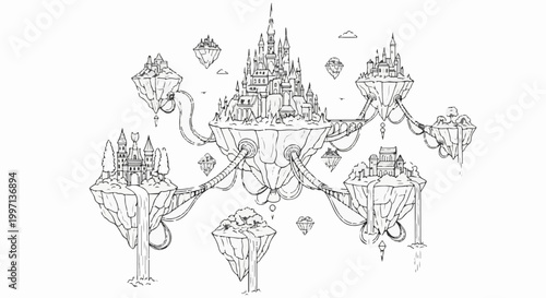 A fantasy scene depicts a sprawling castle atop a central floating island, connected to smaller islands with buildings