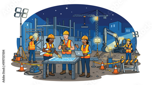 Diverse construction workers on a busy night job site collaborating on blueprints and operating heavy machinery under bright floodlights, showcasing teamwork and progress in the building industry.