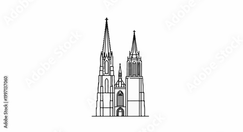 A detailed outline drawing of a large, historic cathedral with multiple spires