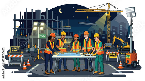 Diverse construction workers on a night shift reviewing blueprints at a busy urban building site, emphasizing safety and teamwork in the industry