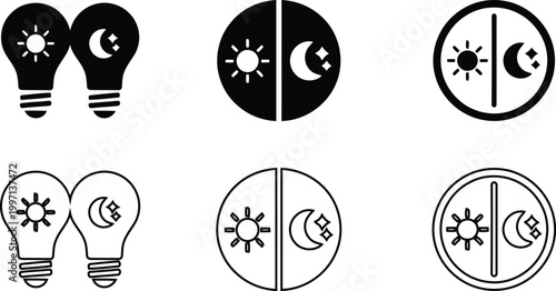 Day and night mode icon. Day and night switch. Silhouette and outline symbol