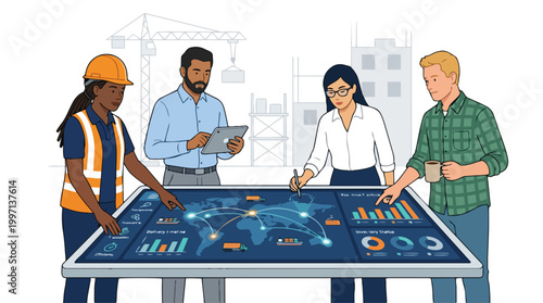 Diverse team of industry workers analyzing global supply chain data on an interactive digital table in a modern industrial setting with construction background