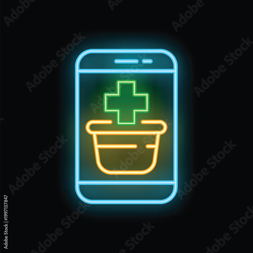 Neon sign illustrating a smartphone with a cannabis plant inside and a medical cross, representing a growing app