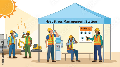 Diverse construction workers manage heat stress at an outdoor station, staying hydrated and aware of safety protocols during hot weather conditions in the industry