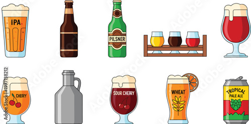 Beer and Ale Vector Set Featuring IPA, Pilsner, Wheat Beer, and Craft Beer Bottles for Brewery and Beverage Illustrations