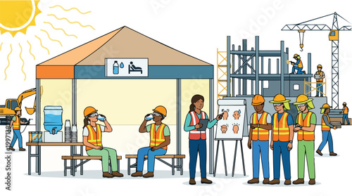 Construction site heat safety measures with diverse workers taking a break and receiving a briefing on heatstroke prevention under the hot sun