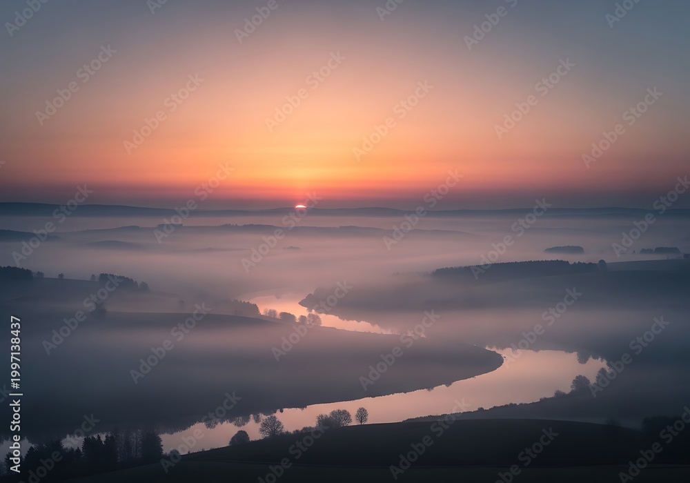 Fototapeta premium Serene Sunrise Over Misty River Landscape with Vibrant Sky.