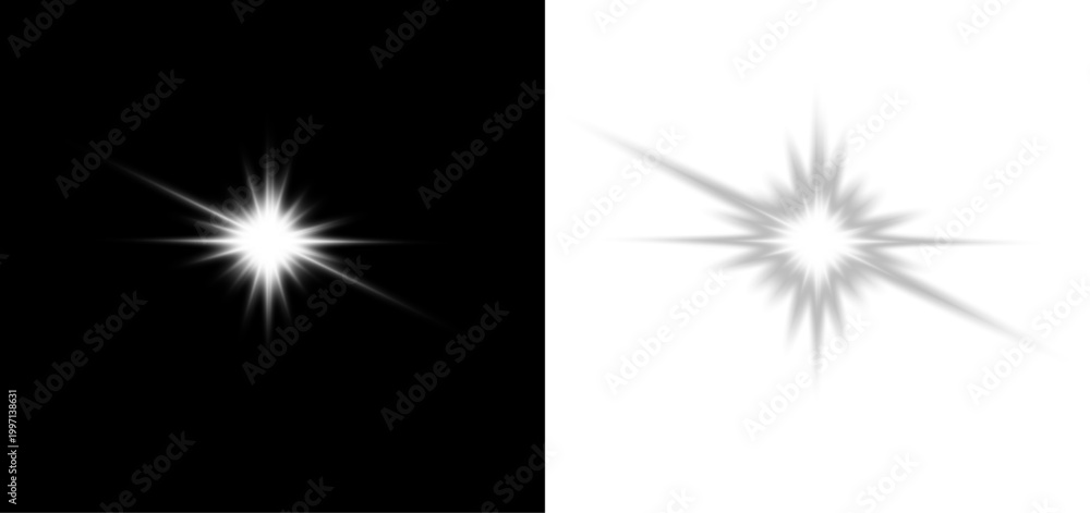 Fototapeta premium Bright glowing white stars sparkle light flare magical radiant abstract PNG fantasy background illustration design.