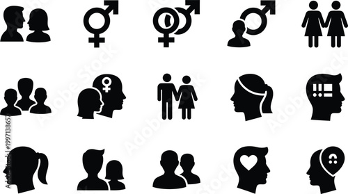 Diverse relationship and gender identity icons in black silhouette style