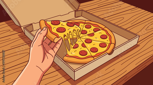 Delicious Pepperoni Pizza Slice Being Pulled From the Box, Point Of View Food Illustration