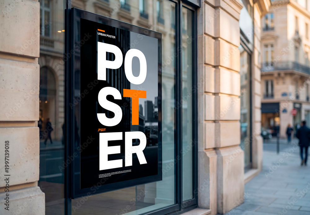 Outdoor window poster mockup on city building facade Stock Template ...