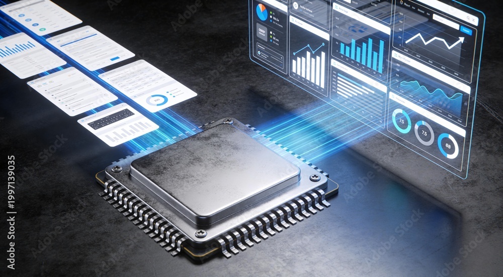 Obraz premium Business Data Transformation Visual with Titanium Compute Core, Incoming Raw Information Cards and Outgoing Growth Charts, Premium Enterprise Software Concept for Reporting and Performance Analytics
