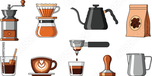 Coffee Brewing Equipment Vector Set Featuring Coffee Grinder, French Press, Espresso Maker, and Coffee Cup for Barista and Coffee Lover Illustrations