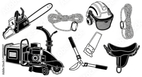 Collection of garden and construction tools and equipment.