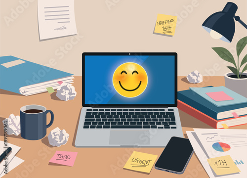 Un ordinateur portable en flat design affiche un smiley souriant à l’écran, contrastant avec un bureau encombré de dossiers, illustrant le concept de bonheur au travail