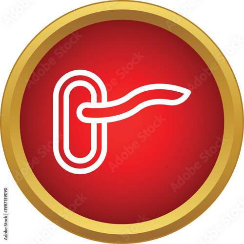 White outline of a door handle lever on a red circular background with a golden border