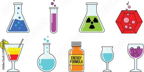 Chemical and Energy Drink Vector Set Featuring Laboratory Beakers, Potions, and Formula Bottles for Scientific and Futuristic Drink Illustrations