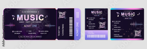 Neon style music ticket template with QR code and sound wave. Vector set of layouts for a concert or festival. Modern dark design with gradient for events.