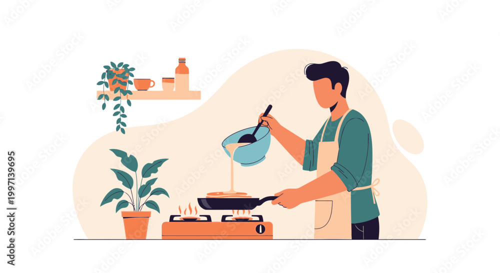 Fototapeta premium Man cooking pancakes on stove at home kitchen, healthy breakfast, lifestyle illustration