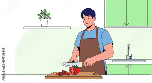 Man chopping tomato in kitchen, preparing healthy food, cooking at home