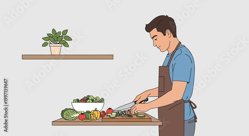 Man chopping fresh vegetables for healthy salad on kitchen counter, cooking at home