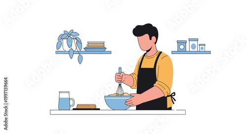 Man cooking in kitchen, whisking batter in bowl, preparing food, healthy lifestyle