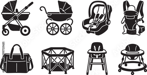 Baby transport and nursery equipment icons set featuring strollers and car seat plus playpen models.