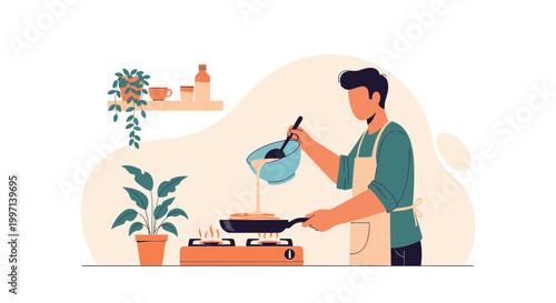 Man cooking pancakes on stove at home kitchen, healthy breakfast, lifestyle illustration